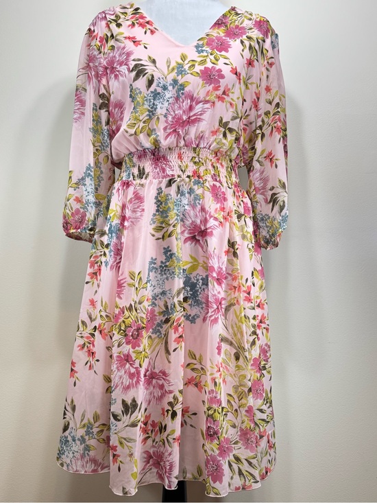Kate And Lily Dresses & Skirts - Kate & Lily Pink Floral Watercolor Chiffon Overlay Dress Sheer Sleeves Size 12